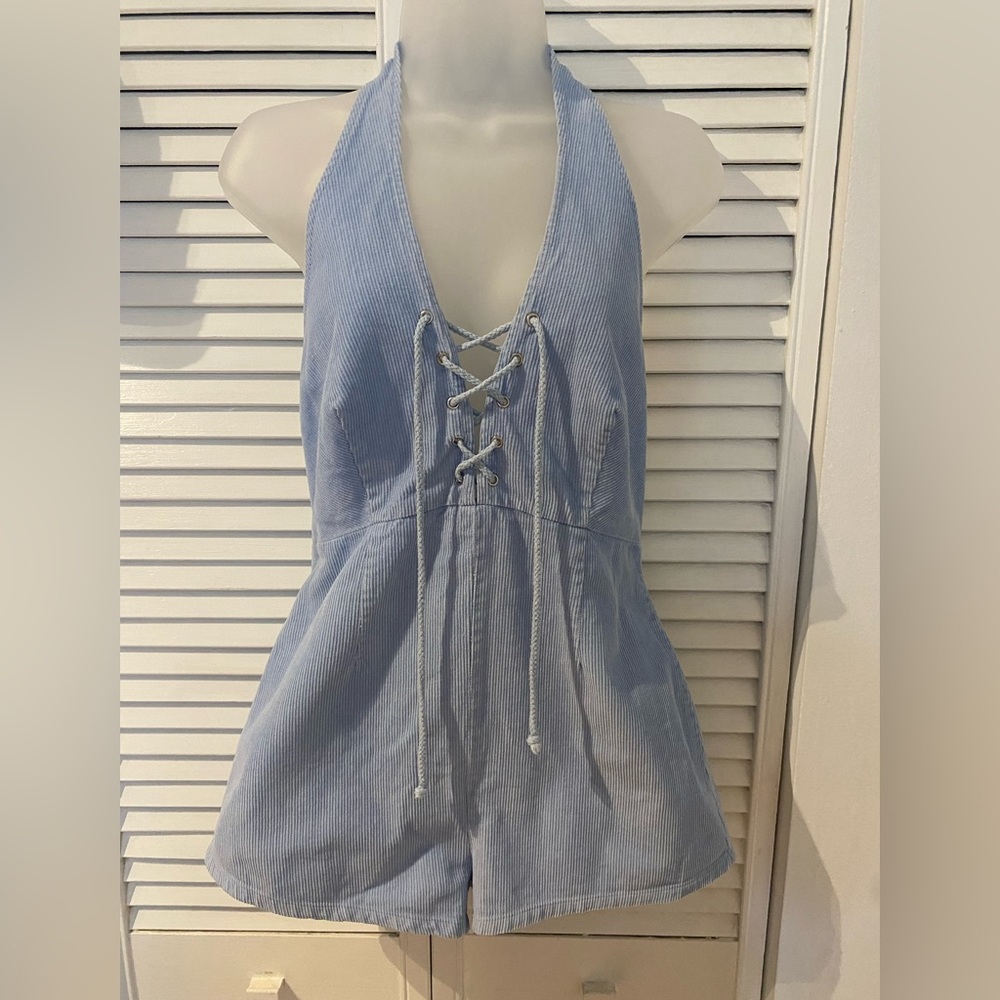 Light Blue Corduroy Lace-Up Detail Jumpsuit